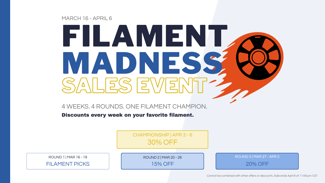 Promotional graphic for 'Filament Madness Sales Event' with discounts on filament products.